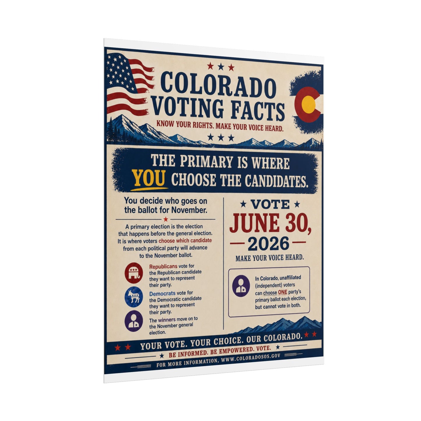 Colorado Voting Facts Rolled Poster — Vote June 30, 2026 Informational Election Poster