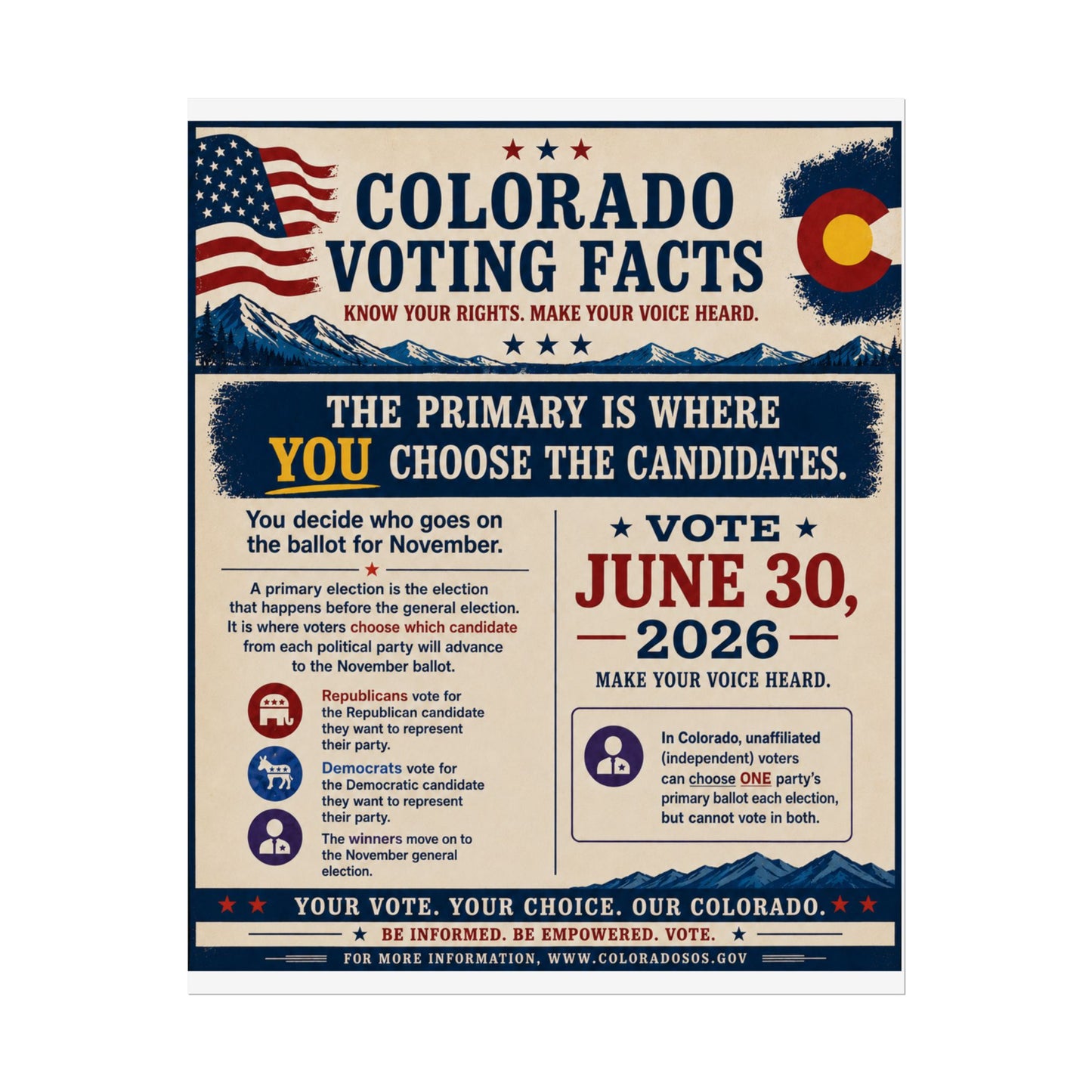 Colorado Voting Facts Rolled Poster — Vote June 30, 2026 Informational Election Poster
