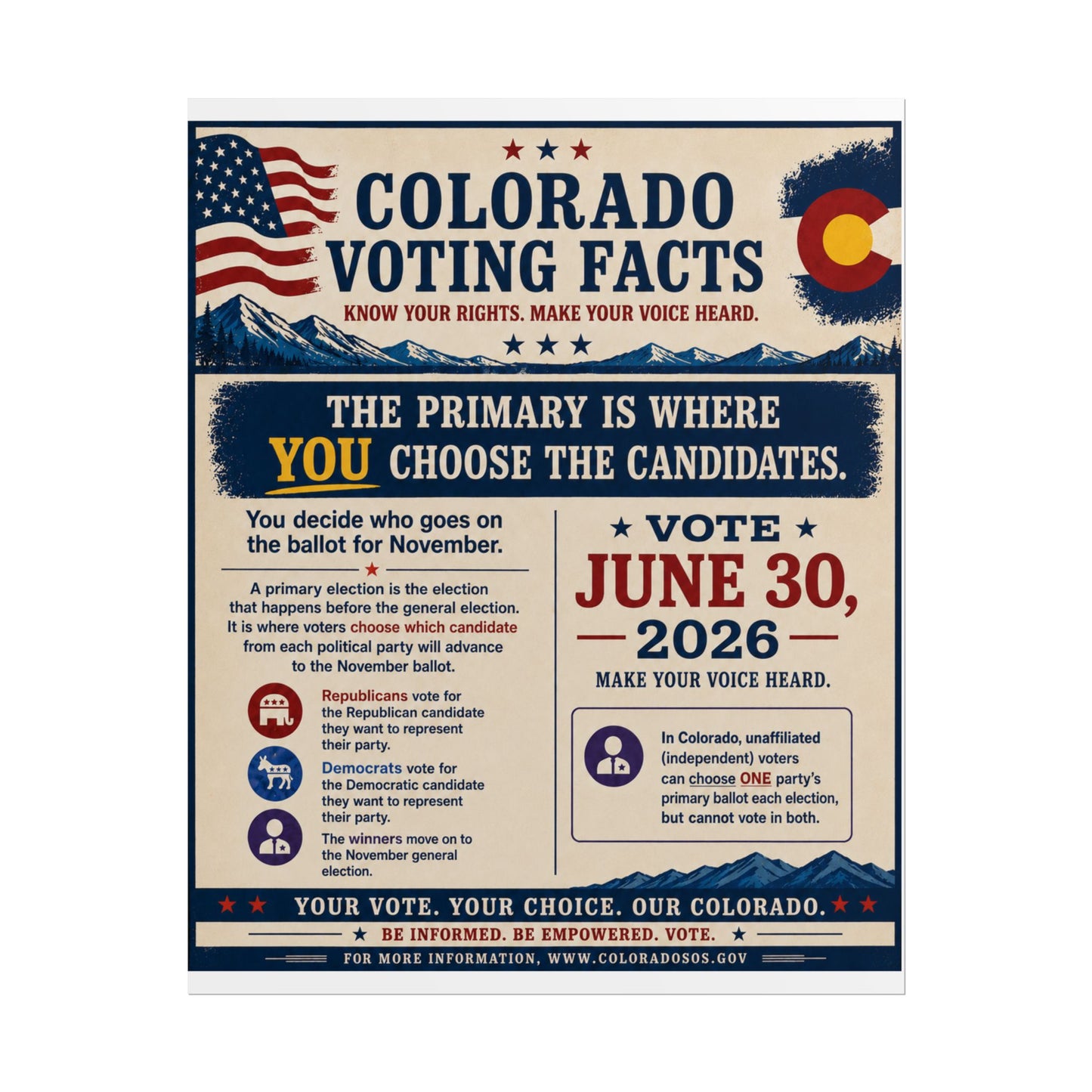 Colorado Voting Facts Rolled Poster — Vote June 30, 2026 Informational Election Poster