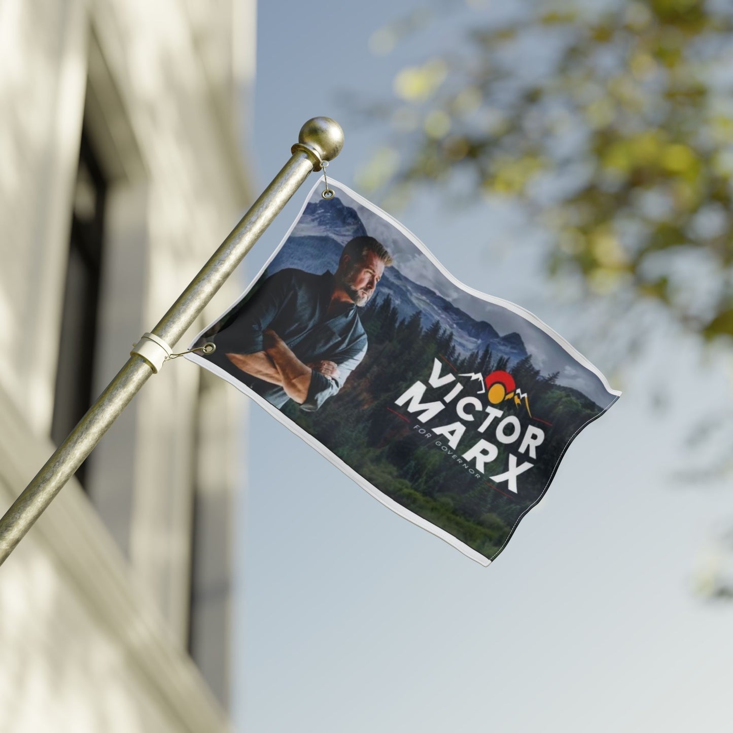 2 image Double Sided  Victor for Governor with Mountains Truck Flag — Campaign Banner