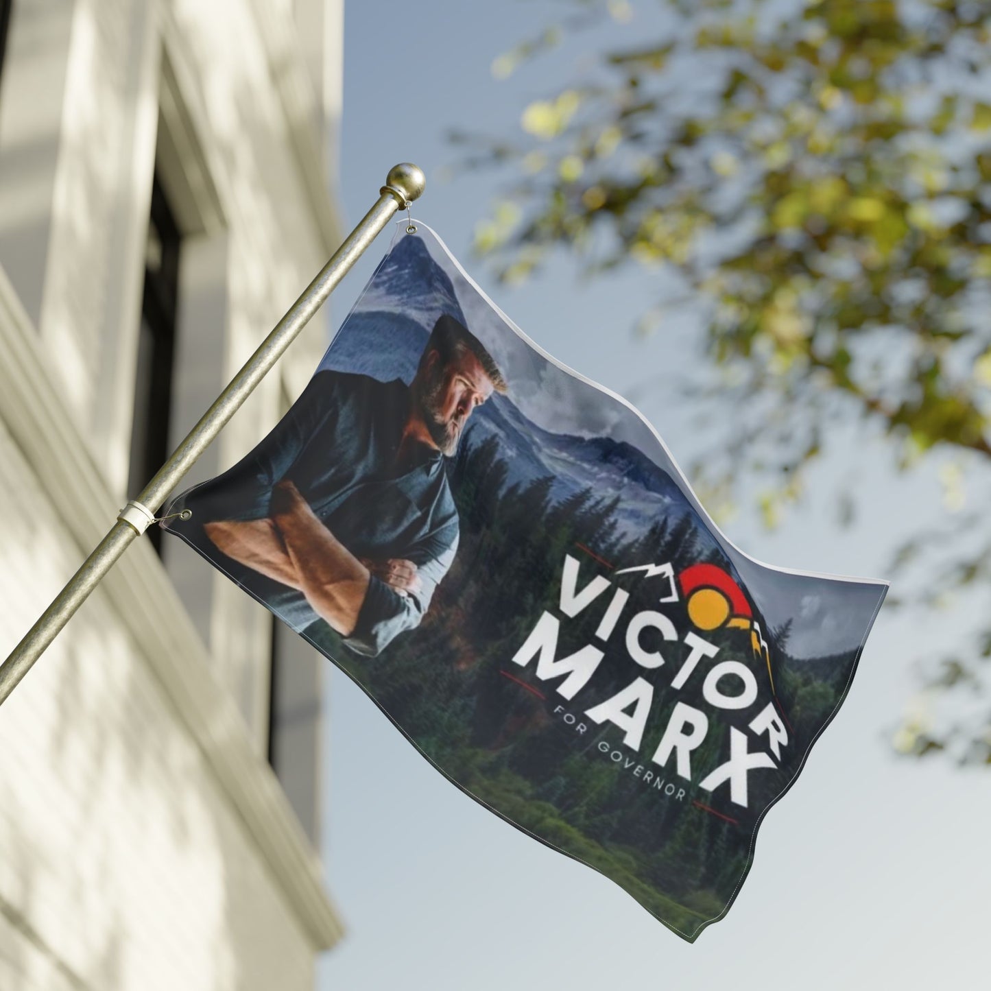 2 image Double Sided  Victor for Governor with Mountains Truck Flag — Campaign Banner