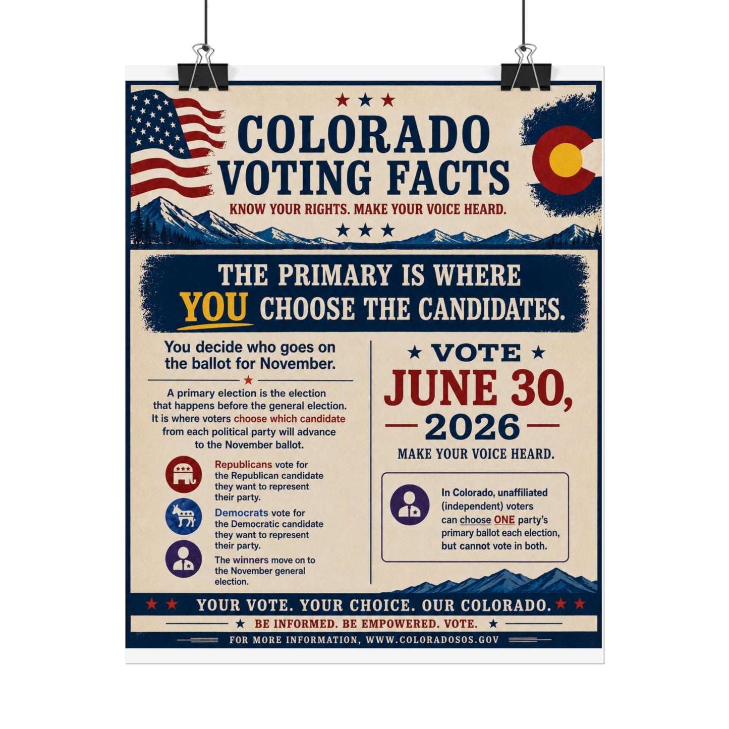 Colorado Voting Facts Rolled Poster — Vote June 30, 2026 Informational Election Poster